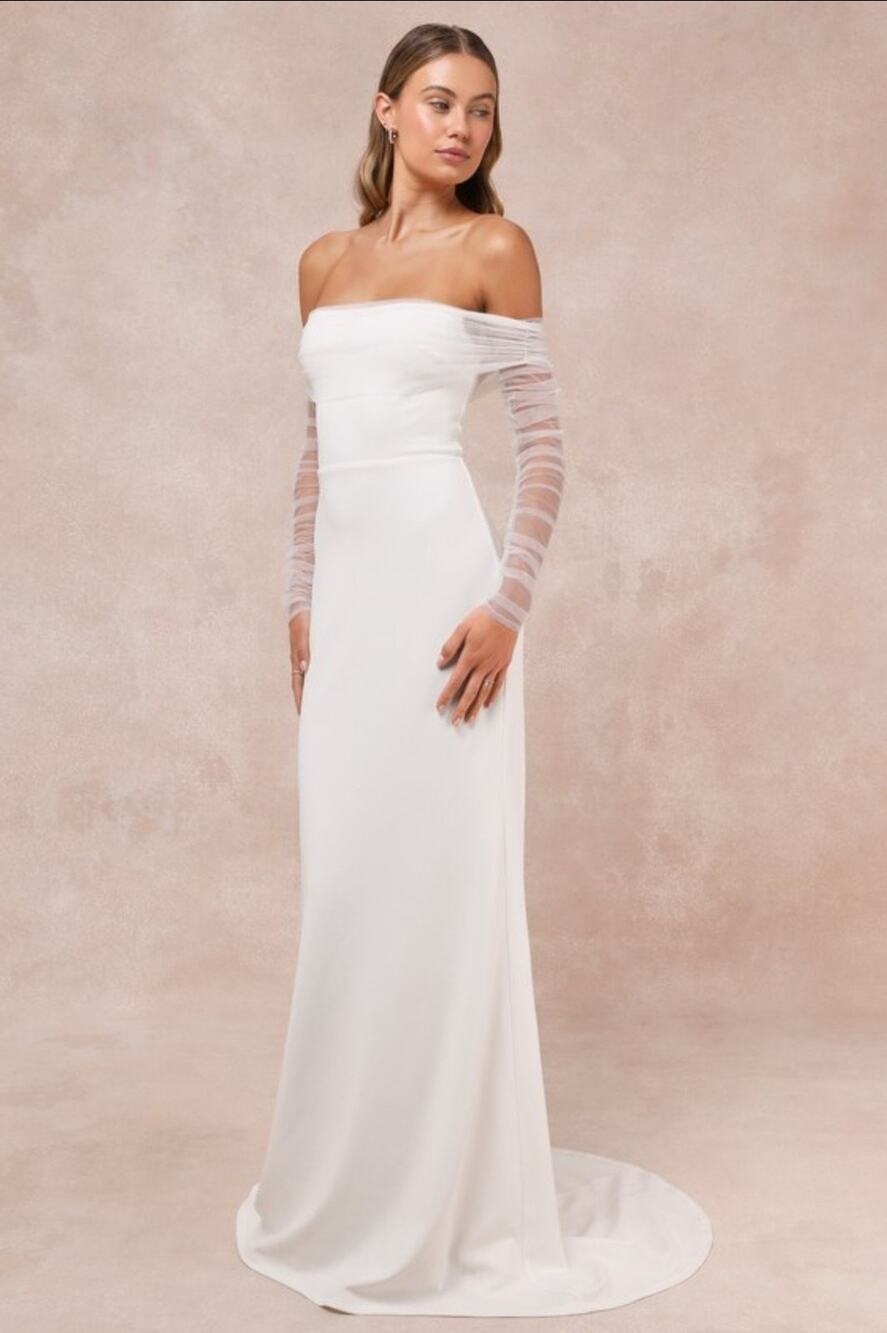 Lulus White Maxi Dress S Off Shoulder Tulle Ruffle Overlay Sleeve Bridal Gown